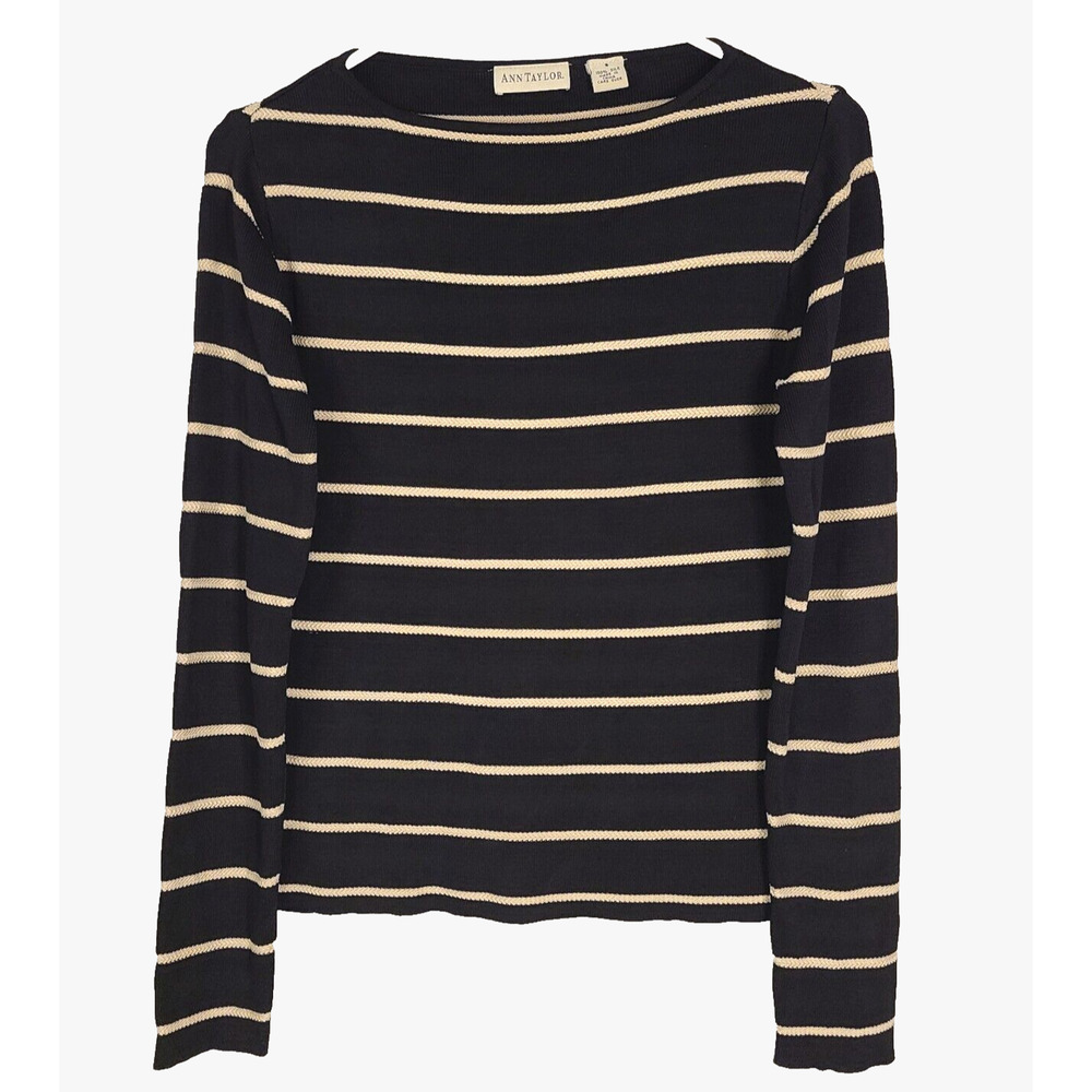 Ann Taylor 100% Silk Top Small Long Sleeve Black Cream Striped Round Neck Casual